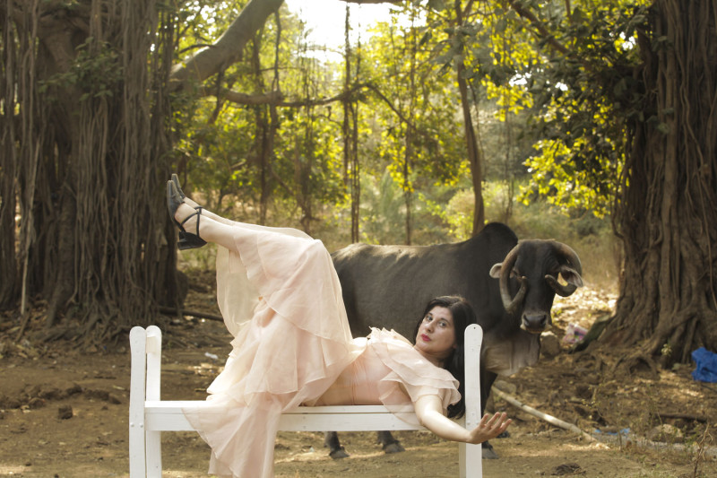 A performer can be seen on a white bench, in the background an ox stands in front of a forest scene